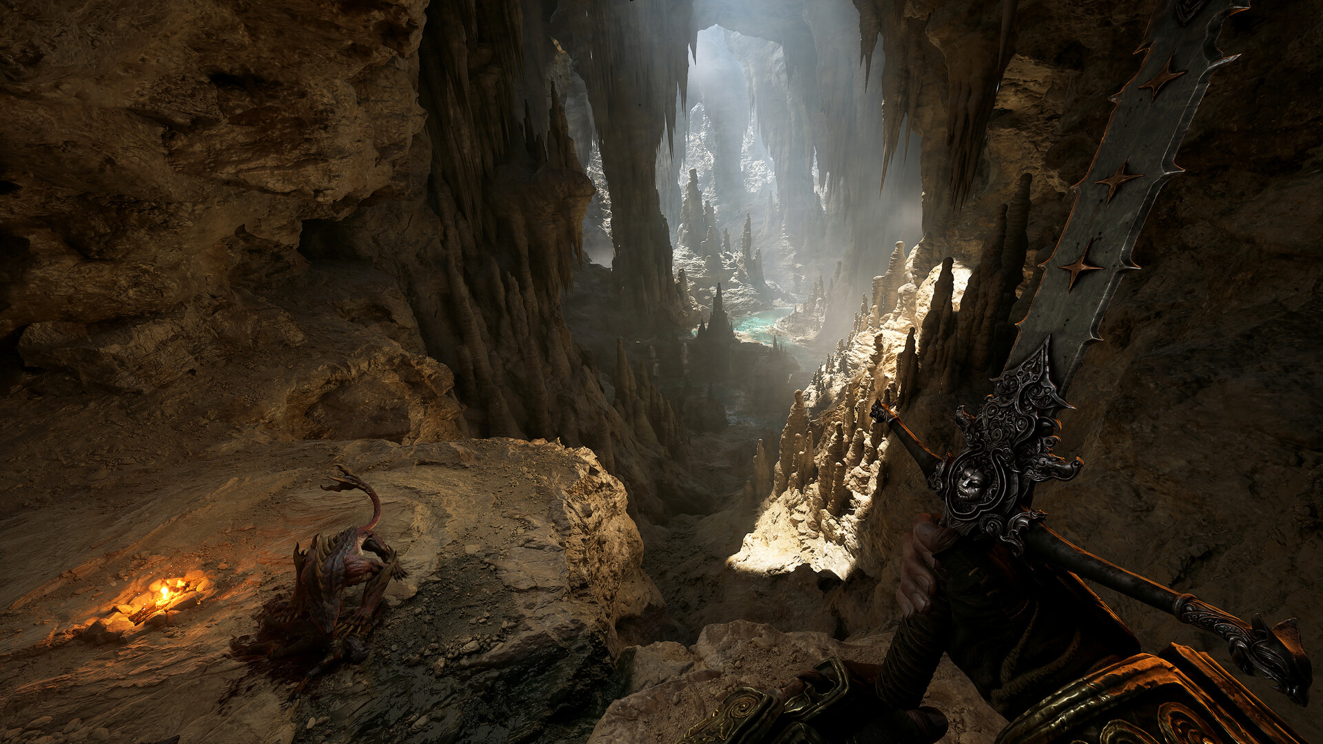 Fatekeeper first-person RPG combat screenshot showing sword and sorcery gameplay mechanics in handcrafted fantasy world